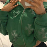Yipinpay rhinestone graphics Oversized Hoodies Female Zip Up Long Sleeve Women's Sweatshirt Y2K Aesthetic Winter Grunge clothing
