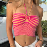 Yipinpay Women Knitted Striped Halter Camis Sexy Bodycon Short Tank Summer Sleeveless Drawstring Ruched Knit Basic Vest Crop Tops