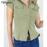 Yipinpay 2023 Summer Y2K Short Sleeve CowBoy Shirt Women Safari Style Button Up Pocket Slim Ladies Tops Female Clothing Blouse