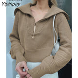 Yipinpay Women Baggy Sweater Zip Up Loose Pullovers Warm Knitted Tops Female Jumpers Autumn Winter Streetwear Khaki Thick Knit Sweaters