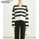 Yipinpay 2023 Winter Office Lady Turn Down Collar Striped Polo Sweaters Women Korea Style Long Sleeve Loose Pullovers Female Tops
