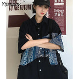 Yipinpay 2023 Summer Y2K Short Sleeve Oversize Shirt Women Street Style Patchwork Print Button Up Ladies Blouse Tunic Female Tops