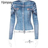 Yipinpay Women's Casual Imitation Denim Print Blouse Female Fashion O Neck Long Sleeve Tee Shirts Spring Y2K Harajuku Tops Streetwear