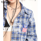 Yipinpay 2023 Spring Streetwear Long Sleeve Plaid Print Shirt Women Oversize Button Up Turn Down Collar Ladies Tunic Blouse Tops