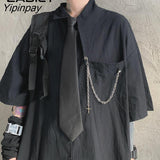 Yipinpay Street Style Short Sleeve Tie Black Shirt Women Y2K Oversize Button Up Ladies Blouse 2023 Summer Loose Gothic Tops