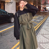 Yipinpay Patchwork Women Fake two pieces Long Dress 2023 Spring Fashion Loose Hoode Long Sleeve Plus Size Y2K Ladies Dresses
