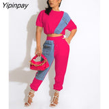 Yipinpay Women Cropped Blouse And Pants Two Piece Set 2023 Summer Tee And Jogger Pants Tracksuit Outfits Female Denim Patchwork Sweatsuit