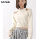 Yipinpay 2023 Winter Korean Style Slim Long Sleeve Mohair Sweater Women Sexy Backless Bandage Ladies Crop Top Fall Female Pullover