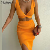 Yipinpay Women Knit Vest And Skirt Suits Female High Waist Side Split Skinny Skirts Set 2023 Summer Solid Sexy Backless Camis Outfits