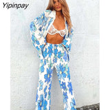 Yipinpay Pleated Printed Suit Women Long Sleeve V Neck Blouse And High Waist Pants Two Piece Sets Female Elegant Trousers Outfits