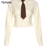 Yipinpay 2023 Spring Sweet JK Long Sleeve Shirt Women Korea Style Slim Button Up Tie Ladies Crop Top Blouse Autumn Female Clothing