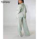 Yipinpay Long Sleeve Shirts With Bra Sets Woman Two Pieces Set Solid Pleated Trouser Suits Female Fashion Straight Pants Outfits