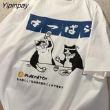 Yipinpay Men Tshirt Oversized Drinking Cat Anime Cotton Print Streetwear Graphic Short Sleeve Korean Fashion Top Harajuku Summer Clothing