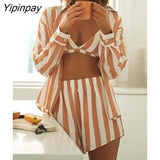 Yipinpay Women Striped Printed Shirts Two Piece Set 2023 Summer Casual Long Sleeve Tops And High Wasit Shorts Sets Female Blouses Outfits