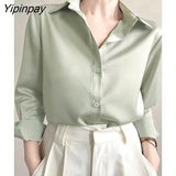 Yipinpay 2023 Summer New Office Lady Long Sleeve Silk Basic Shirt Women Button Up Solid Blouse Fashion Work Female Clothing Tops