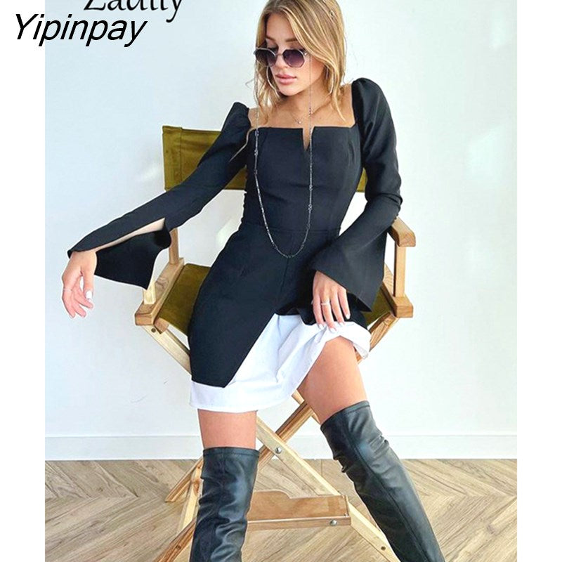 Yipinpay 2023 Spring Minimalist Long Puff Sleeve Women Black Mini Dress Korea Style Fake Two Pieces Fashion Party Woman Dresses