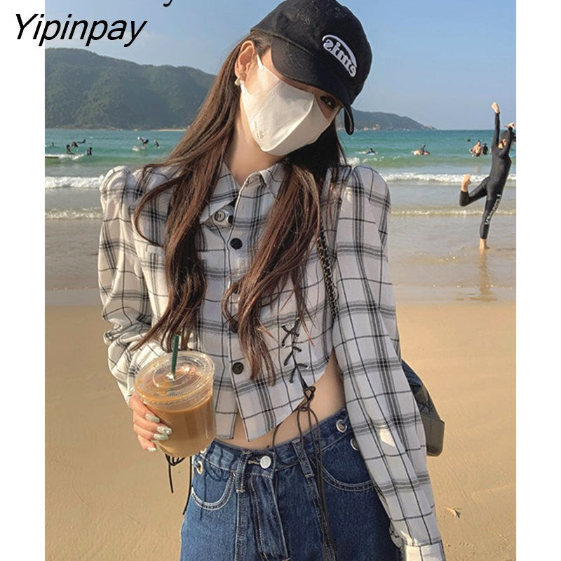 Yipinpay 2023 Autumn Street Style Long Sleeve Plaid Shirt Women Y2K Button Up Bandage Ladies Crop Tops Female Sexy Blouse Clothing