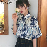 Yipinpay Japanese style Cartoon print Women Shirt Vintage Short Sleeve Button Up Y2K Womens Blouse 2023 Summer Loose Female Shirts