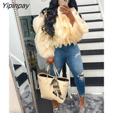 Yipinpay Women Elegant Ruffled Layered Puff Sleeve Top 2023 Summer Female Solid Petal Chiffon Long Sleeve Cropped Blouse Streetwear