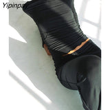 Yipinpay Half Turtleneck Bright Line Two Piece Suit For Women Sexy Long Sleeve Crop Top Skirt Sets 2023 Female Basic Tee Outfits