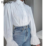 Yipinpay 2023 Spring Vintage Long Sleeve Women White Basic Shirt Office Lady Ruffles Button Up Woman Tunic Blouse Female Clothing