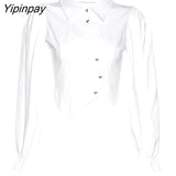 Yipinpay 2023 Spring Sweet Long Sleeve Hollow Out White Shirt Women Korea Style Slim Button Up Ladies Crop Tops Autumn Clothing