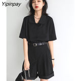 Yipinpay Office Lady Short Sleeve Black Shirt Women Double-Layer Collar Ladies Blouse 2023 Summer Button Up Female Clothing Tops