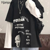 Yipinpay Harajuku Black White Striped Hip Hop T-shirts Men Women Autumn Cotton Fake Two Piece Long Sleeve Loose Tshirt Female