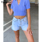 Yipinpay Women Knitted Ribbed Top Sexy Short Tshirt Female Pullovers Summer 2023 Stretch Tees Streetwear Black Blue Knit Crop Tops