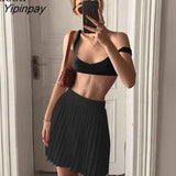 Yipinpay Knitted Two Piece Set Sexy Short Corset Tank Tops And Pleated Skirts High Waist Stretch Black White Knitwear Outfits Sets