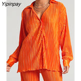 Yipinpay Shirt Suits Pleated Notched Single-Breasted Female Cardigan Two-Piece Loose Shirts and High-Waist Wide-Leg Pants Sets