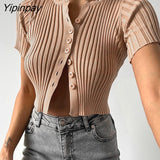 Yipinpay Women Knit Ribbed Crop Tops Sexy Button Up T Shirt 2023 New Summer Black White Cardigan Knitwear Basic Short Tees Bodycon Tops