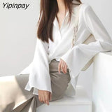 Yipinpay Office Lady Long Flare Sleeve Chiffon Shirt Women Korean Style Button Loose Blouse Tunic 2023 Summer Female Clothing Tops