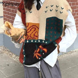 Yipinpay 2023 Autumn Street Style Patchowork Knit V Neck Women's Sweater Y2K Sleeveless Ladies Vest Winter Loose Female Clothing