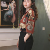 Yipinpay Spring Vintage Print Oversize Women's Shirt Red Blouse Long Sleeve Ladies Tops Plus Size Button Up Fashion Female Clothing