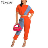 Yipinpay Women Cropped Blouse And Pants Two Piece Set 2023 Summer Tee And Jogger Pants Tracksuit Outfits Female Denim Patchwork Sweatsuit
