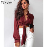 Yipinpay 2023 Spring Vintage Long Sleeve Satin Women Red Shirt Bandage Button Up Woman Crop Tops Knot Blouse Party Female Clothing
