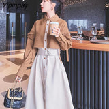 Yipinpay 2023 Spring Office Lady Long Sleeve Fake Two Pieces Work Maxi Dress Women Patchwork Sashes Shirt Dresses Free Shipping
