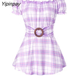 Yipinpay Fashion Croset Style Off The Shoulder Corset Waist Plaid Women Top Fashion Hide Tummy Short Sleeve Tee For Summer