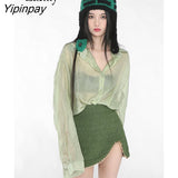 Yipinpay Street Style Transparent Long Sleeve Chiffon Shirt Women Oversize Sun Protection Ladies Blouse 2023 Summer Beach Tops