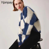 Yipinpay Winter Vintage Mohair Plaid Women Sweater Chic Long Sleeve O Neck Loose Ladies Pullover Fashion Warm Female Clothing Tops
