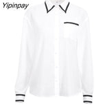 Yipinpay 2023 Spring Office Lady Patchwork Long Sleeve Women White Basic Shirt Korea Style Button Up Woman Blouse Work Female Tops
