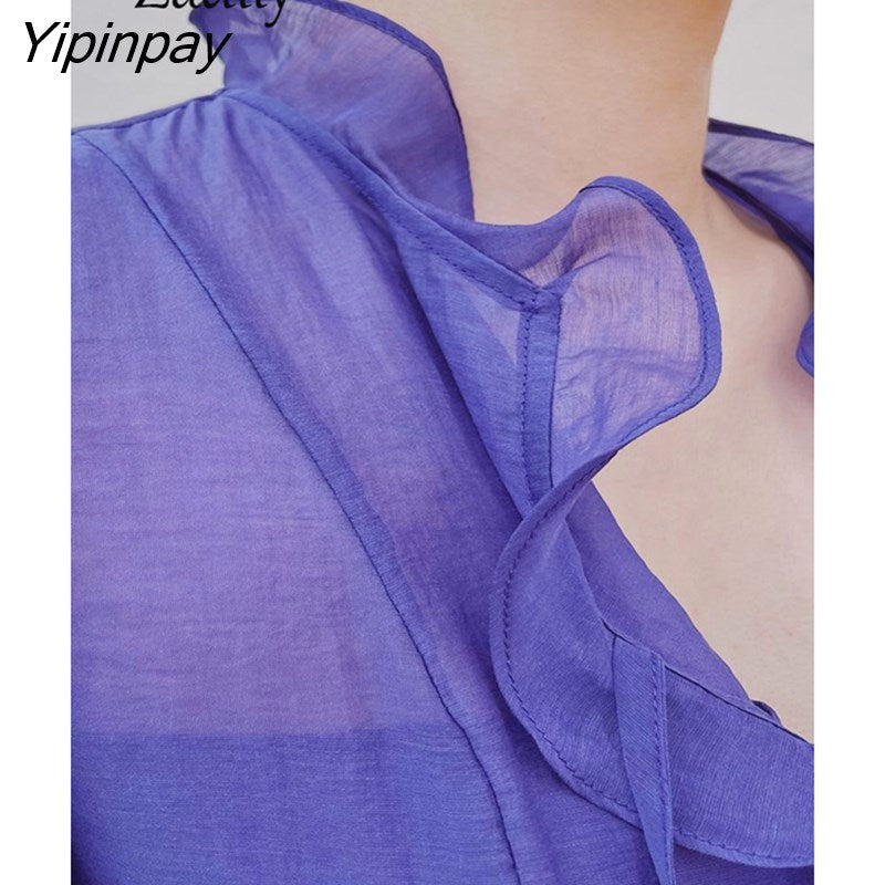 Yipinpay 2023 Spring Sexy Ruffled Flare Long Sleeve Women Blouse Korea Style Vintage Transparent Short Chiffon Shirt Ladies Tops