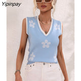 Yipinpay Women Knitted Vest Floral Top Sexy Mujer Streetwear Summer 2023 New In Knitwears Sleeveless V Neck Black Knit Tank Tops