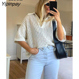 Yipinpay Sexy Knitted Hollow Out Top Women Loose T Shirt Summer Streetwear Short Sleeve Turndown Collar Creamy White Knitting Tops