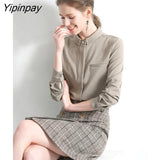 Yipinpay Office Lady Stand Neck Basic Shirt Women Korea Style Long Sleeve Button Woman Tunic Blouse 2023 Spring Work Female Tops