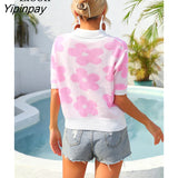 Yipinpay Summer Floral Print Knit T Shirts Loose Top Women Pullovers 2023 New In Knitwears Basic Tees Streetwear Tshirt Sexy Tops