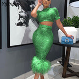 Yipinpay Women Sequins Skirt 2piece Set Female Cropped Slim Blouse Hemline Artificial Feather Bodycon Skirt Suits 2023 Sexy Streetwear 920