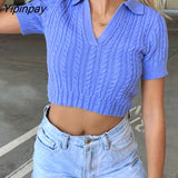 Yipinpay Women Knitted Ribbed Top Sexy Short Tshirt Female Pullovers Summer 2023 Stretch Tees Streetwear Black Blue Knit Crop Tops