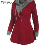 Yipinpay Autumn Sweater Women Colorblock Zip Embellished Hooded Sweater Oversized Warm Female Pullovers Casual Jumper Tops